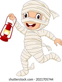 Cartoon boy wearing halloween mummy costume holding lamp