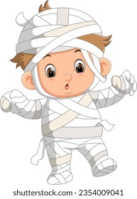 Cartoon boy wearing halloween mummy costume of illustration