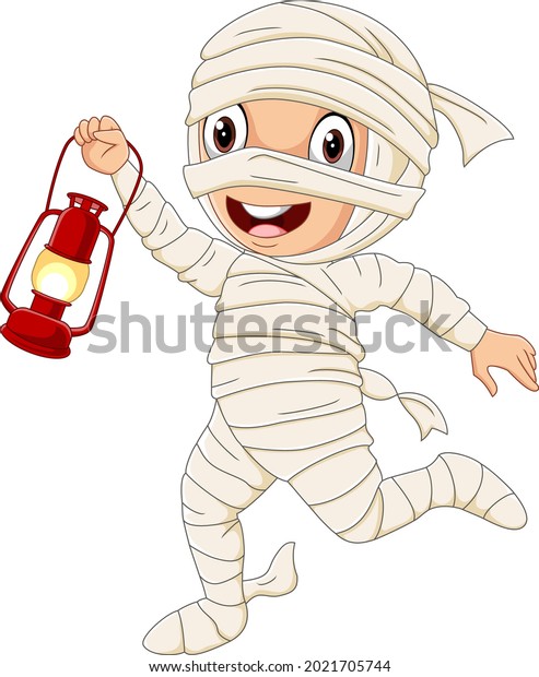 Cartoon\
boy wearing halloween mummy costume holding\
lamp