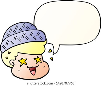 cartoon boy wearing hat with speech bubble in smooth gradient style