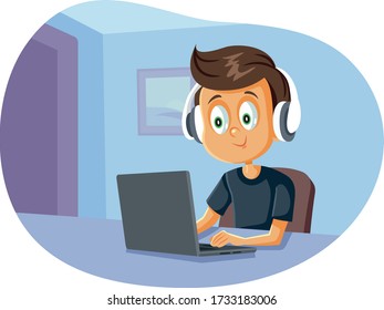 Cartoon Boy Wearing Headphones Using Laptop. Funny pupil doing homework in homeschooling regime
