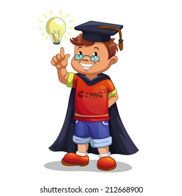 Cartoon boy wearing master's cap and mantle has an idea. Isolated illustration.