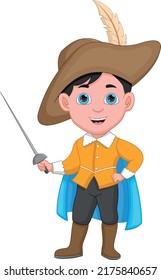 cartoon boy wearing musketeer costume and holding sword