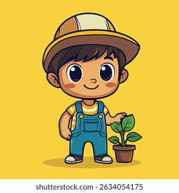 A cartoon boy, wearing overalls and a hat, smiles while gently touching a potted plant.
