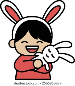 A cartoon of a boy wearing a rabbit costume holding a rabbit. The boy is smiling and he is happy