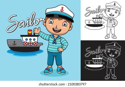 Cartoon Boy Wearing Sailorman Uniform With A Boat