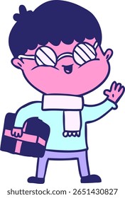 menino de desenho animado usando óculos carregando presente na cor neon brilhante