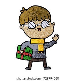 cartoon boy wearing spectacles carrying gift