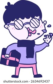 cartoon boy wearing spectacles with christmas gift in bright neon colors