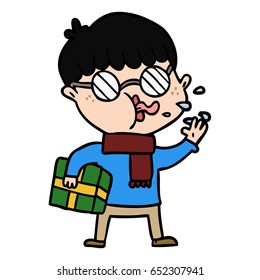 cartoon boy wearing spectacles with christmas gift