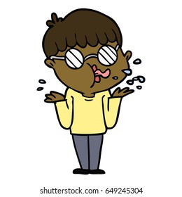cartoon boy wearing spectacles shrugging shoulders