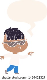 cartoon boy wearing sunglasses pointing with speech bubble in retro style