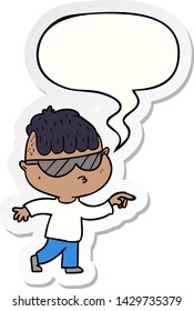 cartoon boy wearing sunglasses pointing with speech bubble sticker