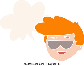 cartoon boy wearing sunglasses with speech bubble in retro style