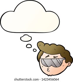 cartoon boy wearing sunglasses with thought bubble in smooth gradient style