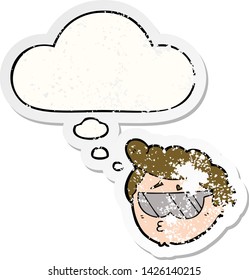 cartoon boy wearing sunglasses with thought bubble as a distressed worn sticker