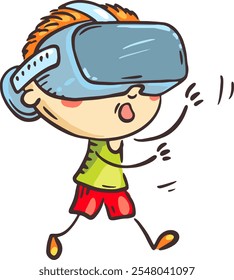 Desenhista usando um fone de ouvido VR, criança rabiscar usando óculos de realidade virtual. Crianças usando tecnologia digital. Caractere isolado, ilustração vetorial