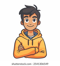 Cartoon boy is wearing a yellow hoodie and is smiling. He is standing with his arms crossed