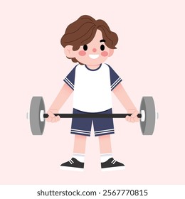 Cartoon Boy Weightlifting Child Athlete Lifting Weights Fitness Exercise Illustration