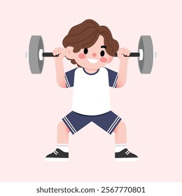 Cartoon Boy Weightlifting Child Fitness Exercise Illustration Active Kid Healthy Lifestyle