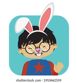 Cartoon boy with white bunny ears, Easter greeting.