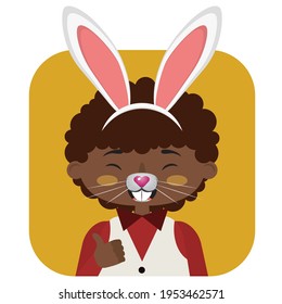 Cartoon boy with white bunny ears, Easter greeting.