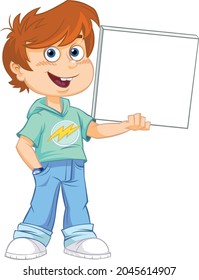 Cartoon-Junge mit weißem leerem Schild.
Farbvektorgrafik eines Teenagerjungen, der einen weißen leeren Namensschild hält. 