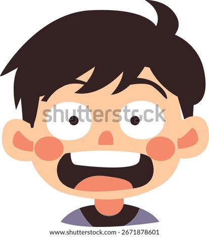 Cartoon boy with wide surprise expression, open mouth, big eyes, symbolizing shock, amazement, childhood wonder, and astonishment.
