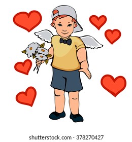 Cartoon boy with wings holding a bouquet of daisies, red hearts around him