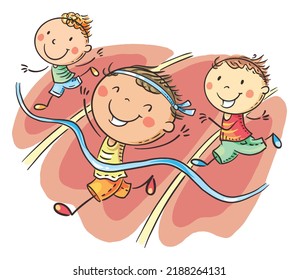 Cartoon Boy Winning The Children Running Sport Competition. Kids Marathon Vector Clipart