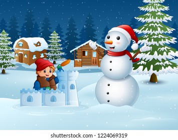 Cartoon boy in winter clothes building a snow fortress