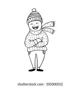 cartoon boy in winter clothes. Hand drawing illustration.
