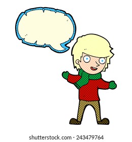 cartoon boy in winter clothes with speech bubble