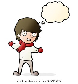 cartoon boy in winter clothes with thought bubble