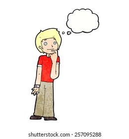 cartoon boy wondering with thought bubble