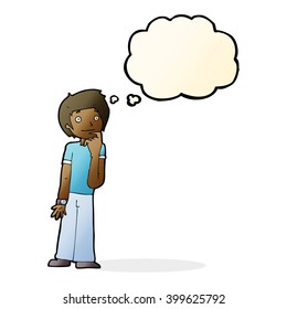 niño de caricatura preguntándose con burbuja de pensamientos
