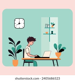 A cartoon boy working on laptop in a decorative room vector image design beautiful room vector illustration svg