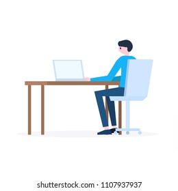 Cartoon boy working on modern notebook pc at the table vector illustration. Young male looking at screen and typing something