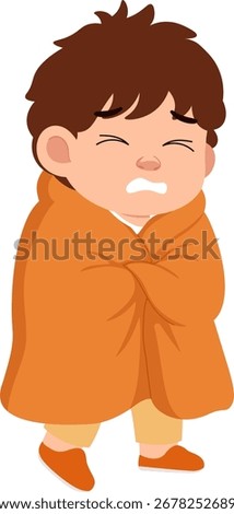 Cartoon Boy Wrapped in Blanket Feeling Cold