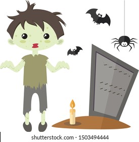 Cartoon boy in a zombie costume. Gravestone with a candle, spider and bat. Illustration for Halloween