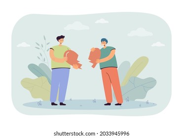 Cartoon boyfriend and girlfriend holding two halves of heart. Man and woman finding true love flat vector illustration. Romance, relationship concept for banner, website design or landing web page