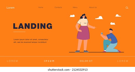 Cartoon boyfriend proposing to girlfriend. Man kneeling in front of woman, holding box with ring flat vector illustration. Romance, love, relationship concept for website design or landing web page