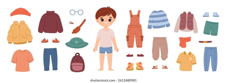 Cartoon boyish clothes. Cute little child with kids trendy wears, color accessories, shoes, jacket and tee shirts, jumpsuit and sweater isolated elements, seasonal outfit constructor garish vector set