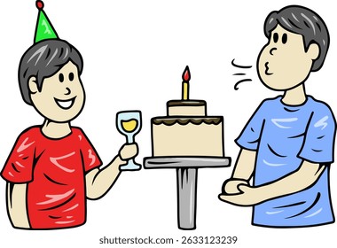 Cartoon boys at birthday celebration with cake and drink