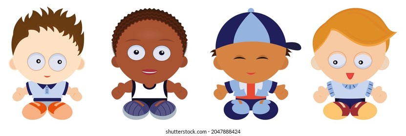 Cartoon boys of different nationalities. Children on isolated white background. Vector illustration in cartoon flat style for design.
