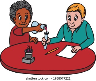 cartoon of boys doing experiment in science lab