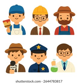 Cartoon boys dressed as painter, architect, farmer, reporter, policeman, and scientist on white background. Flat vector illustration in character design style. Childhood professions and career concept