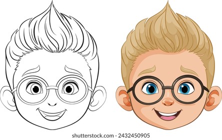 Cartoon boy's face, before and after coloring