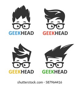 Cartoon Boy's Face Nerd With Glasses. Set Of Vector Icons Of Computer Geek. Logo For Educational Or Scientific Applications And Websites.