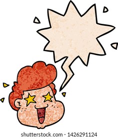 cartoon boy's face with speech bubble in retro texture style